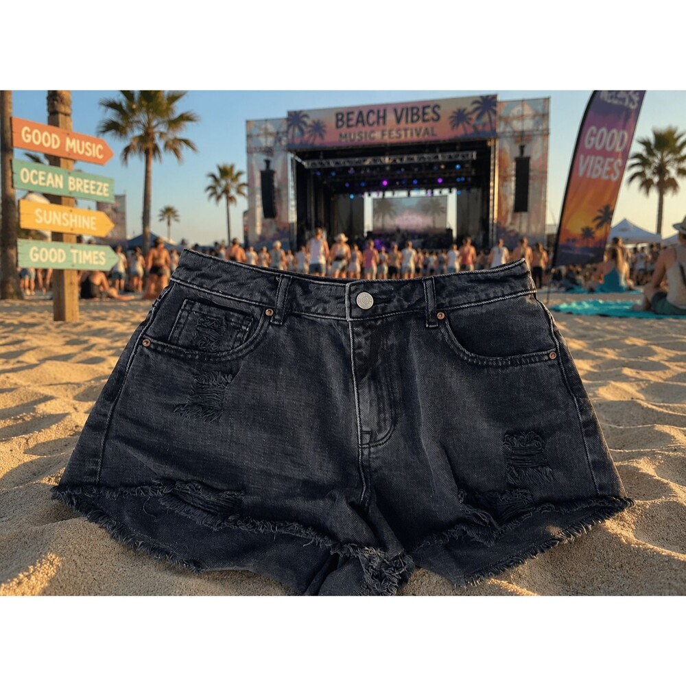 Pacsun Jean Shorts High Rise Festival Thrashed Women’s Size 26 Black Distressed
